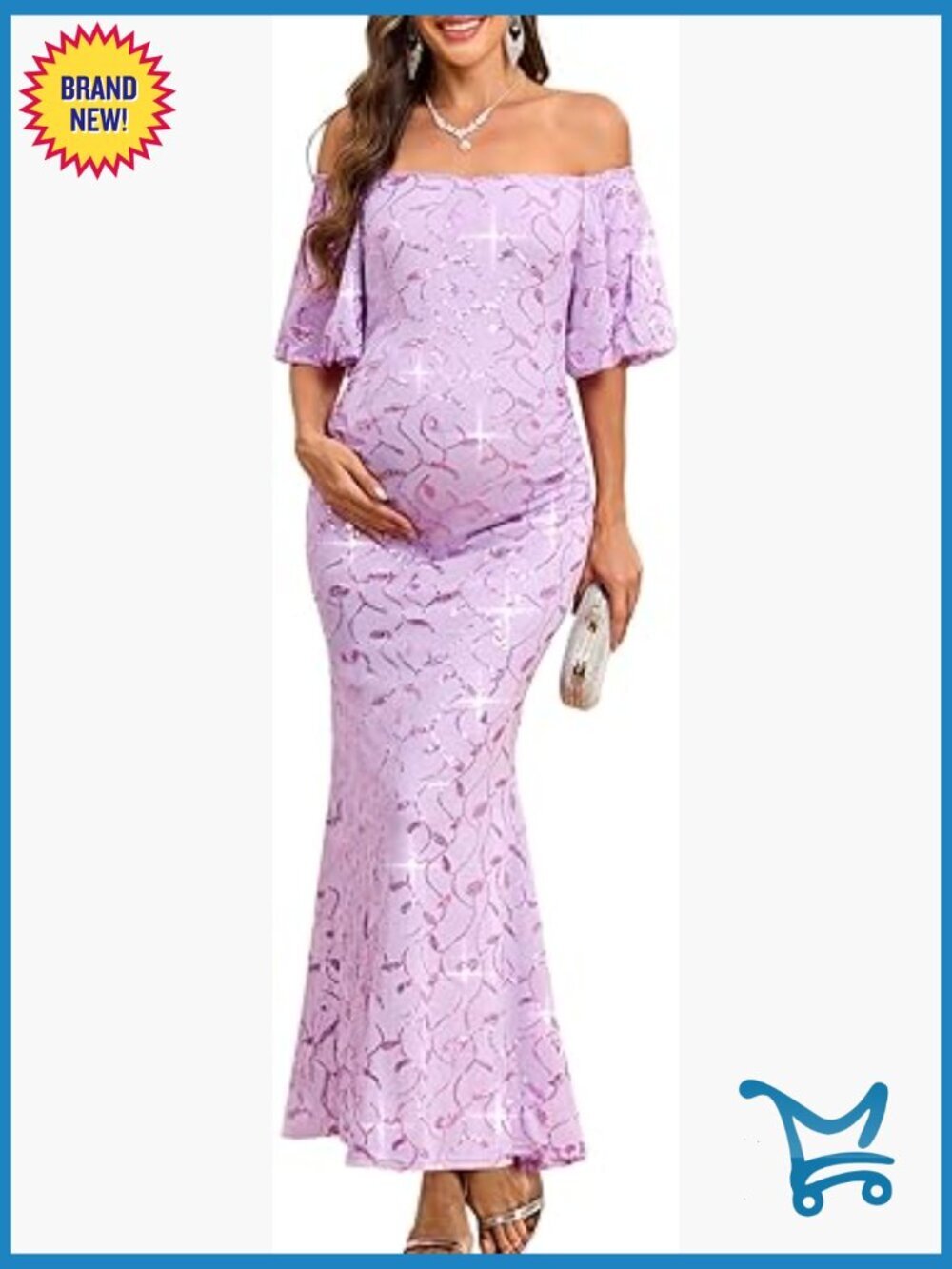 Off-Shoulder Sequin Maternity Evening Gown Puff Sleeves Formal Mermaid Maxi